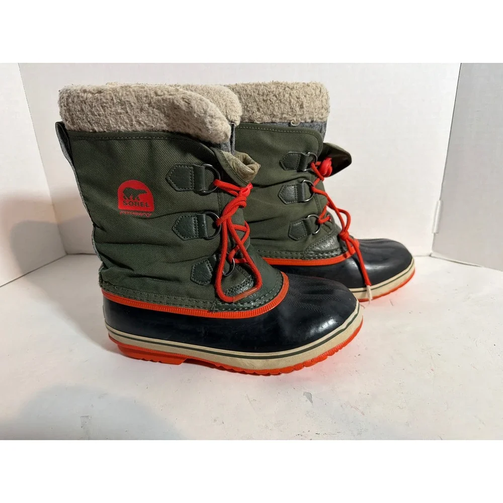 Sorel Yoot Pac Nylon Waterproof Winter Boots Olive Green Orange NY1879-347 Sz 5